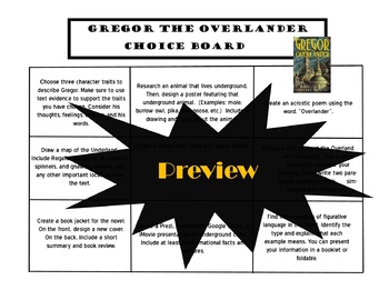 Gregor the Overlander Choice Board Tic Tac Toe Novel Activities Menu ...