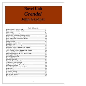 Preview of Grendel Lesson Plans. Grendel Unit, Jon Gardner, 75 pages.