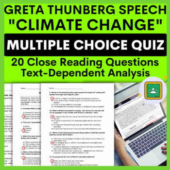 Preview of Greta Climate Speech Multiple Choice Quiz Close Reading & Rhetorical Analysis