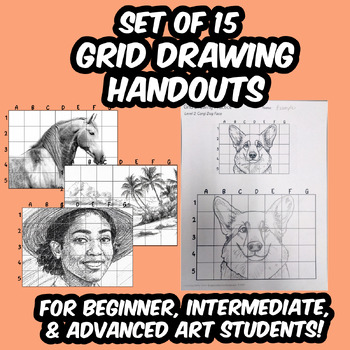 Preview of Grid Drawing Handouts - Set 15 Printable Art Worksheets to practice grid method