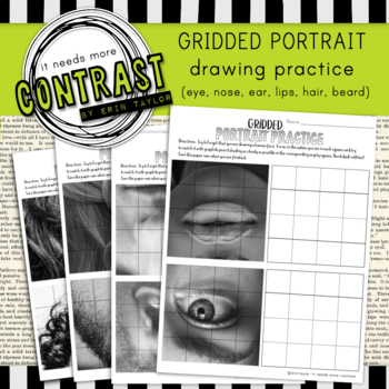 Preview of Grid Drawing Portrait Practice Worksheets with Eye, Nose, Lips, Beard, Ear