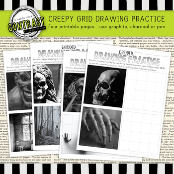 Creepy Grid Drawing Images Worksheet Practice Packet for High School Art Students