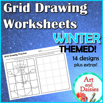 Preview of Grid Drawing Worksheets - 14 Unique, WINTER-THEMED Designs