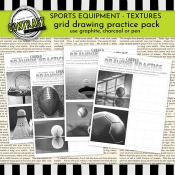 Preview of Grid Drawing Worksheets with Sports Equipment Textures! Graphite, Pen, Charcoal