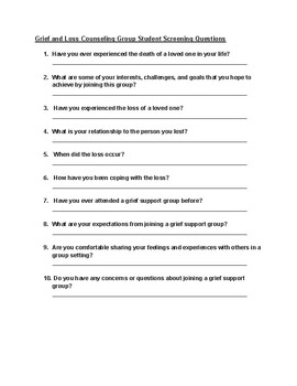 Preview of Grief and Loss Counseling Group Student Screening Questions