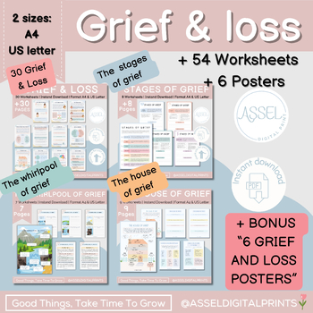 Preview of Grief and Loss bundle ,Stages of Grief Worksheets, CBT Worksheets