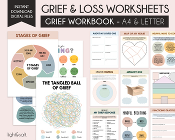 Preview of Grief worksheets, Grief journey journal, grief and loss for kids, kids feelings