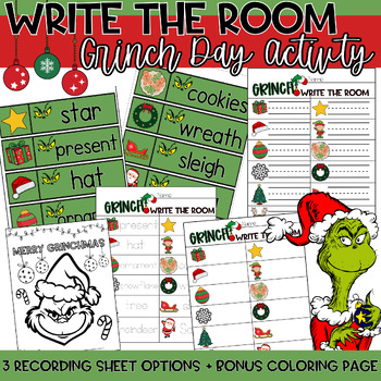 Preview of Grinch Day Write the Room Christmas Activity + Coloring Page