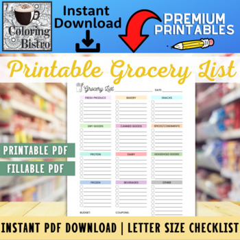 Grocery Checklist, Printable Grocery List, Grocery List Template, Planner