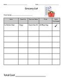 Grocery List Activity Worksheet