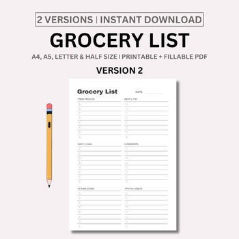 Preview of Grocery List Printable Template, Grocery Planner, Food Shopping List, A4/A5