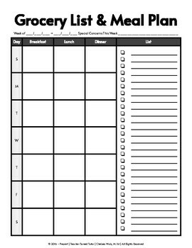 Grocery List and Meal Plan Guide Sheet by Teacher Turned Tutor | TpT