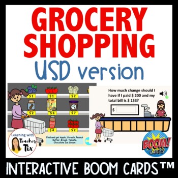 Preview of Grocery Shopping USD version Interactive Boom Cards with audio