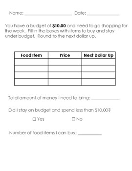 Dollar Up Worksheet, Grocery Items Under $10