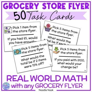 Preview of Grocery Store Flyer Task Card Activity- Functional Math for Special Ed or Elem.
