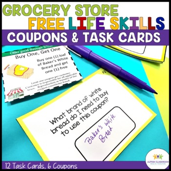 Preview of Free Grocery Shopping Life Skills Coupon Task Cards Special Education Activities