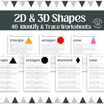 Preview of Shapes Worksheets: 2D Shapes, 3D Shapes, Kindergarten, Special Ed, ID, Trace