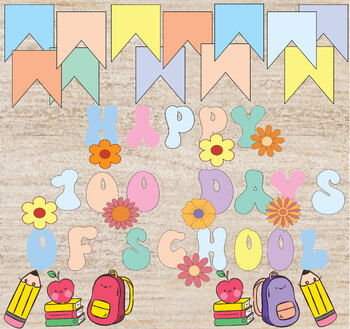 Preview of Groovy 100 Days of School Classroom Décor Happy100 Days of School bulletin board