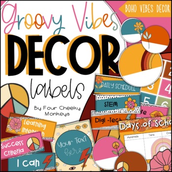 Preview of Groovy 70's Theme Classroom Decor Editable Labels
