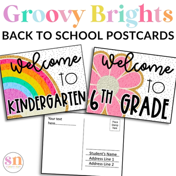 Preview of Varsity Patch Back to School Postcards | Welcome Postcards | Groovy & Bright