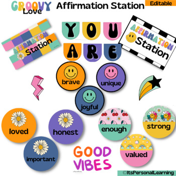 Preview of Groovy Love Affirmation Station // Groovy Retro Classroom Decor /EDITABLE
