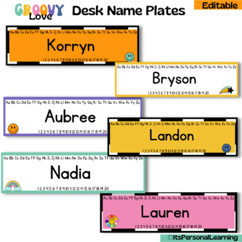 Preview of Groovy Love Desk Name Plates // Groovy Retro Classroom Decor /EDITABLE