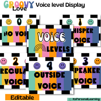 Preview of Groovy Love Voice Level Display // Groovy Retro Classroom Decor /EDITABLE