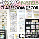 Groovy Pastels EDITABLE Calm Retro Classroom Decor GROWING BUNDLE