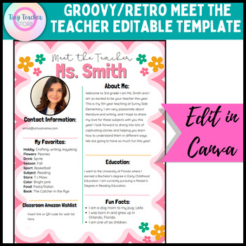 Preview of Groovy Retro Meet the Teacher Template Editable- for CANVA