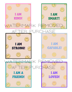 Preview of 18 Groovy/Retro Smiley Face Mirror Affirmations for Affirmation Station