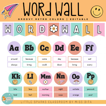Preview of Groovy Retro Themed Word Wall | Editable Cards