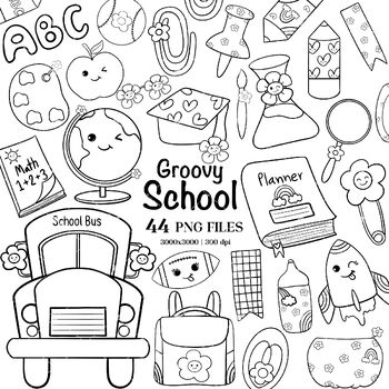 Preview of Groovy School Supplies Doodle Outline PNG Clipart, Black & White Classroom Decor