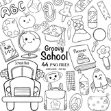 Groovy School Supplies Doodle Outline PNG Clipart, Black &