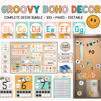 Preview of Groovy Smiley Classroom Decor Bundle | Boho Bright Class Theme Editable on Canva
