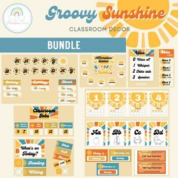 Preview of Groovy Sunshin Classroom Decor Bundle Modern Boho Classroom Theme Decorations