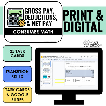 Preview of Gross Pay, Deductions, and Net Pay Task Cards | Digital Included