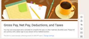 Preview of Gross Pay, Net Pay, Deductions, and Taxes QUIZ