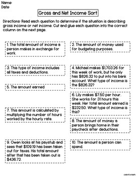 Gross/Net Income Sort Cut and Glue Activity or Notes | Texas Financial ...