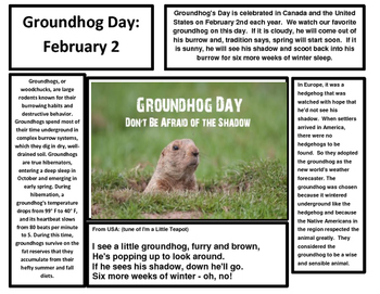 Preview of Ground Hogs Day and President's Day Reading Article