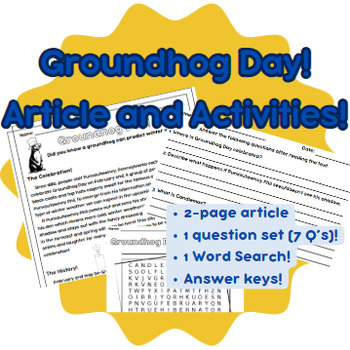 Preview of Groundhog Day! 2-page Article, Question set, and Word Search!