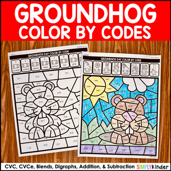 Preview of Groundhog Day Color by Code for Winter, Literacy, Math for Kindergarten