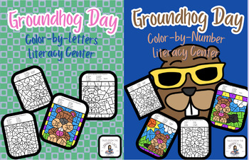 Preview of Groundhog Day Color by Number/Letter Math and Literacy Center BUNDLE