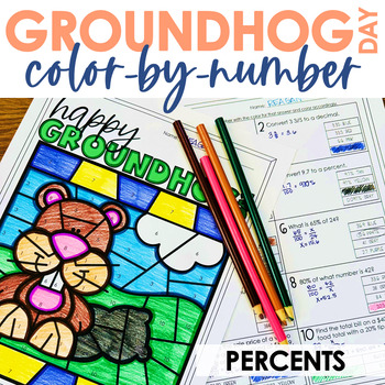 Preview of Groundhog Day Color by Number Percents Math Practice