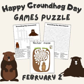Preview of Groundhog Day Games Puzzle Crossword Word Search Maze Word Practice Activities