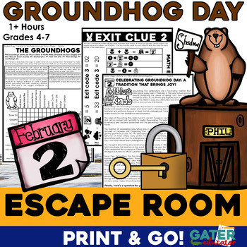 Preview of Groundhog Day Escape Room Activities Reading Comprehension Passages Writing Math