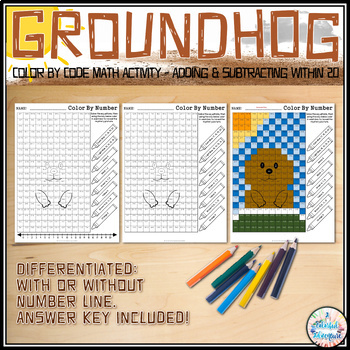 Preview of Groundhog Day Color by Code Addition and Subtraction Math Activity for February
