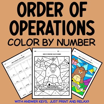 Preview of Groundhog Day Math Color by Number: Order of Operations Worksheet Groundhog Day