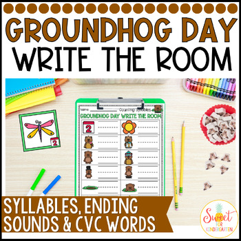 Preview of Groundhog Day Phonics Write the Room Activity | CVC Words Syllables Ending Sound