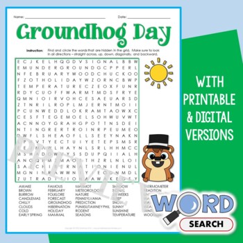 Preview of Hard Groundhog Day Word Search Puzzle 4th 5th Grade Middle School Worksheet