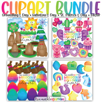 Preview of Groundhog Valentine Lucky Charm Easter Bunny Watercolor Clipart BUNDLE